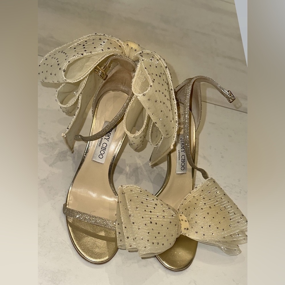 Jimmy Choo Gold and Ivory Bow Ankle-Strap Heels